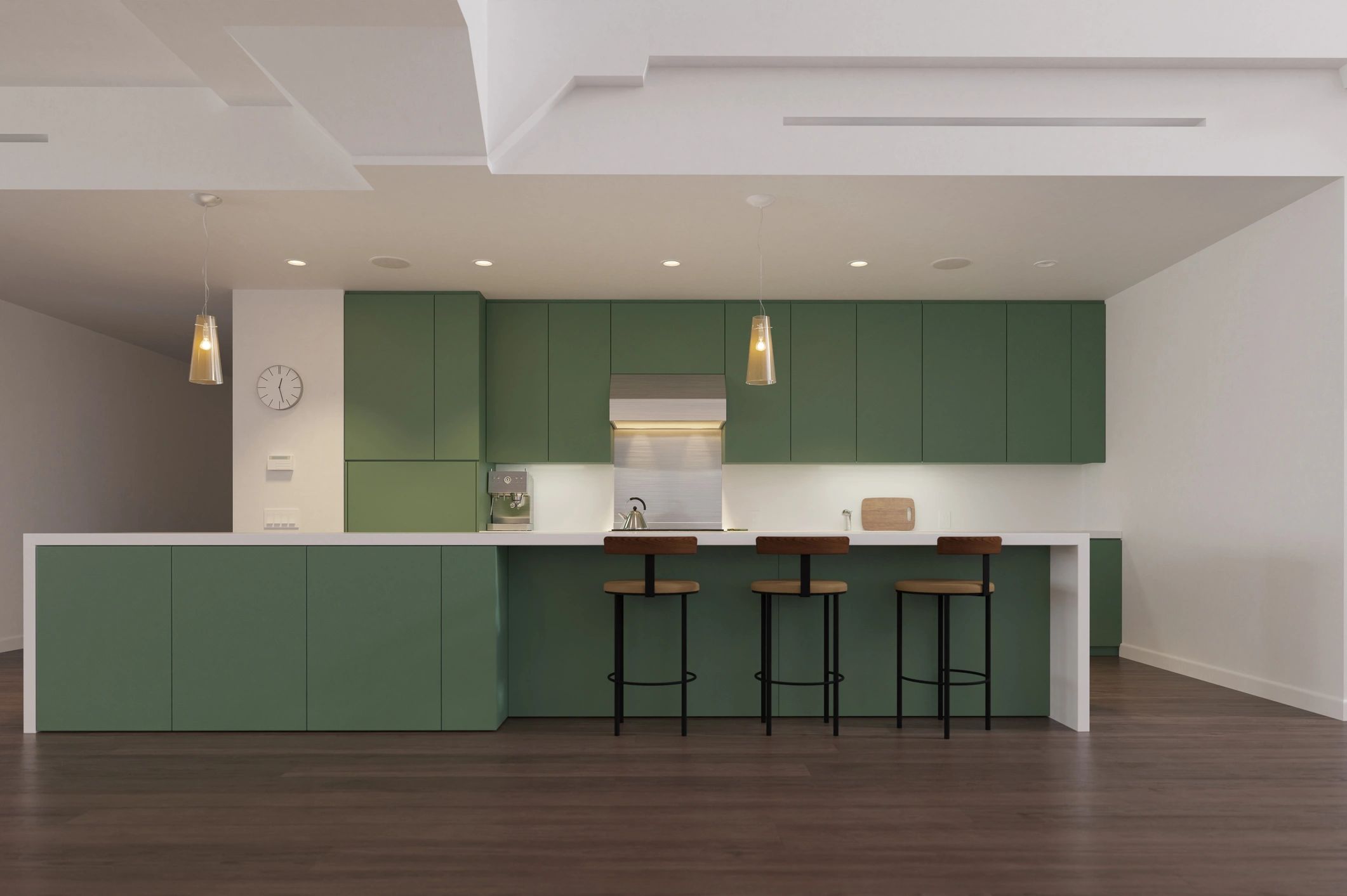 Modern kitchen interior with island and pendant lights